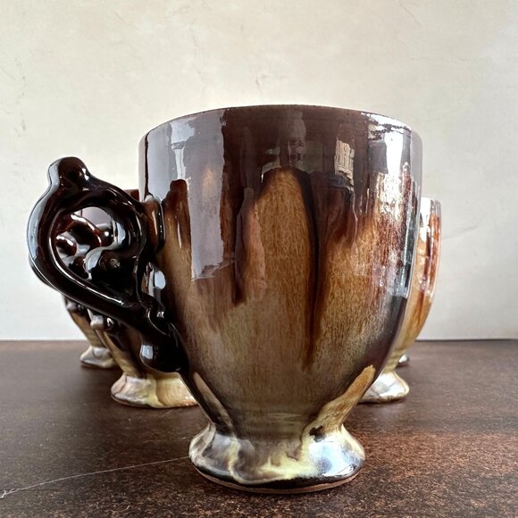 Set of 6 Brown Drip Glaze Coffee Mugs Mid Century - Picture 2 of 14